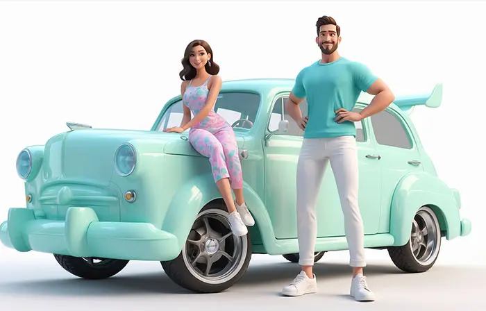 Happy Couple in Front of a Car Expressive 3D Cartoon Illustration